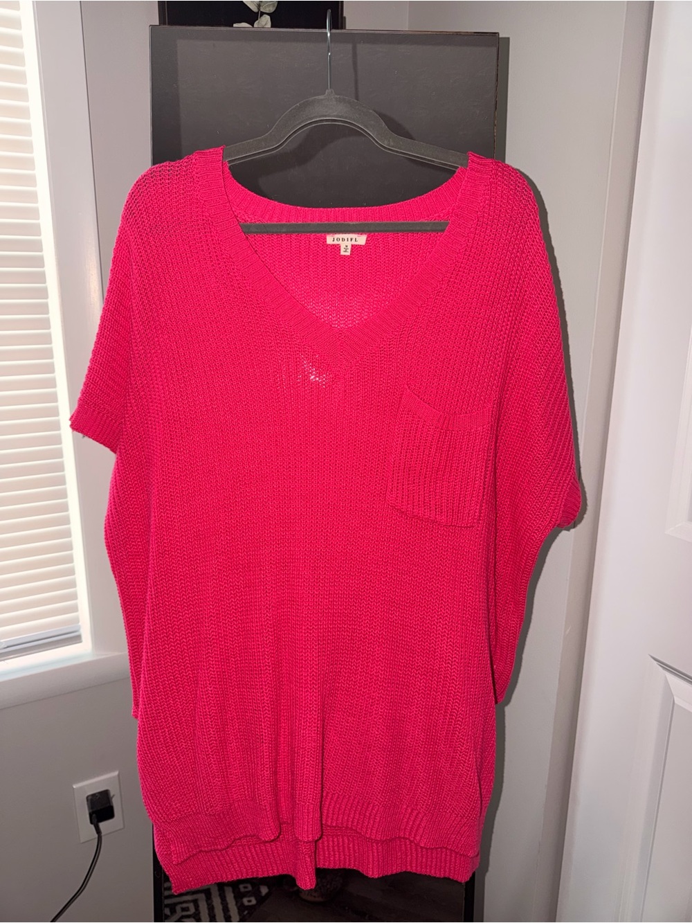 JODIFL Hot Pink V-Neck Knit Pocket Sweatshirt